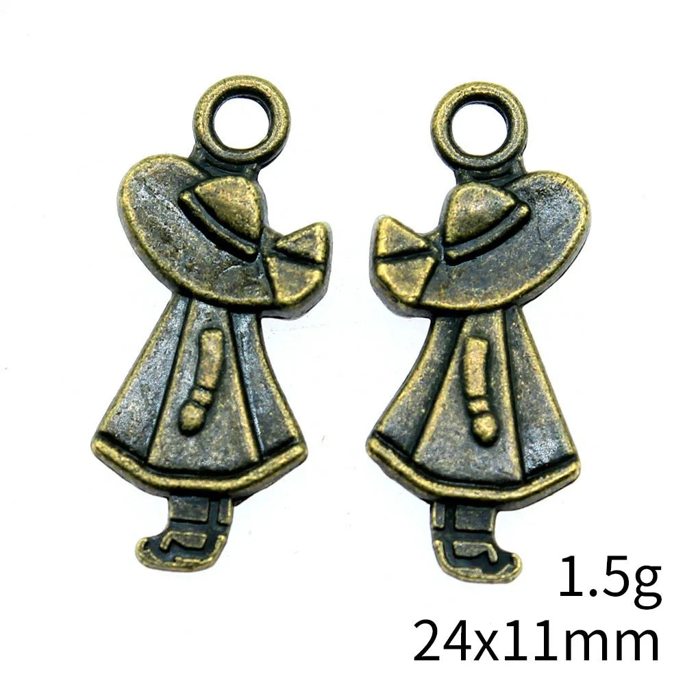 24x11mm 1.5g Antique Bronze Zinc Alloy Hat Girl Charm Pendant for DIY Necklace Bracelet Jewelry Making