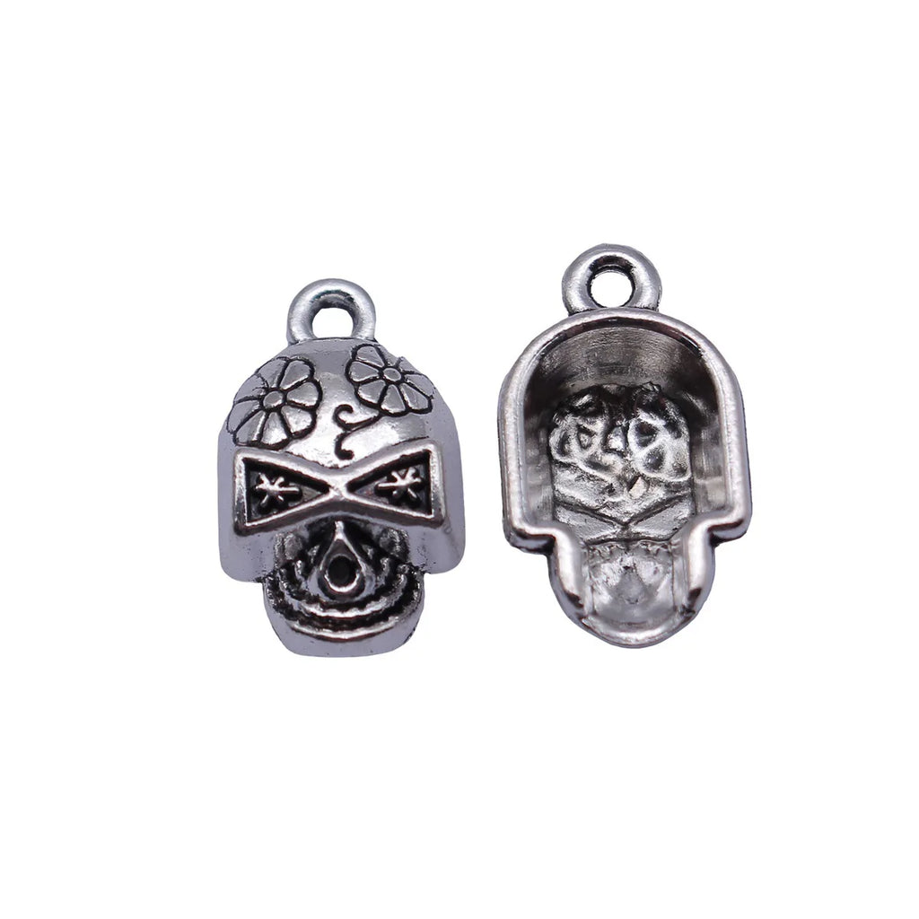 20x12mm 2.1g Antique Silver Tone Zinc Alloy Flower Skull Charm Pendant for DIY Jewelry Making