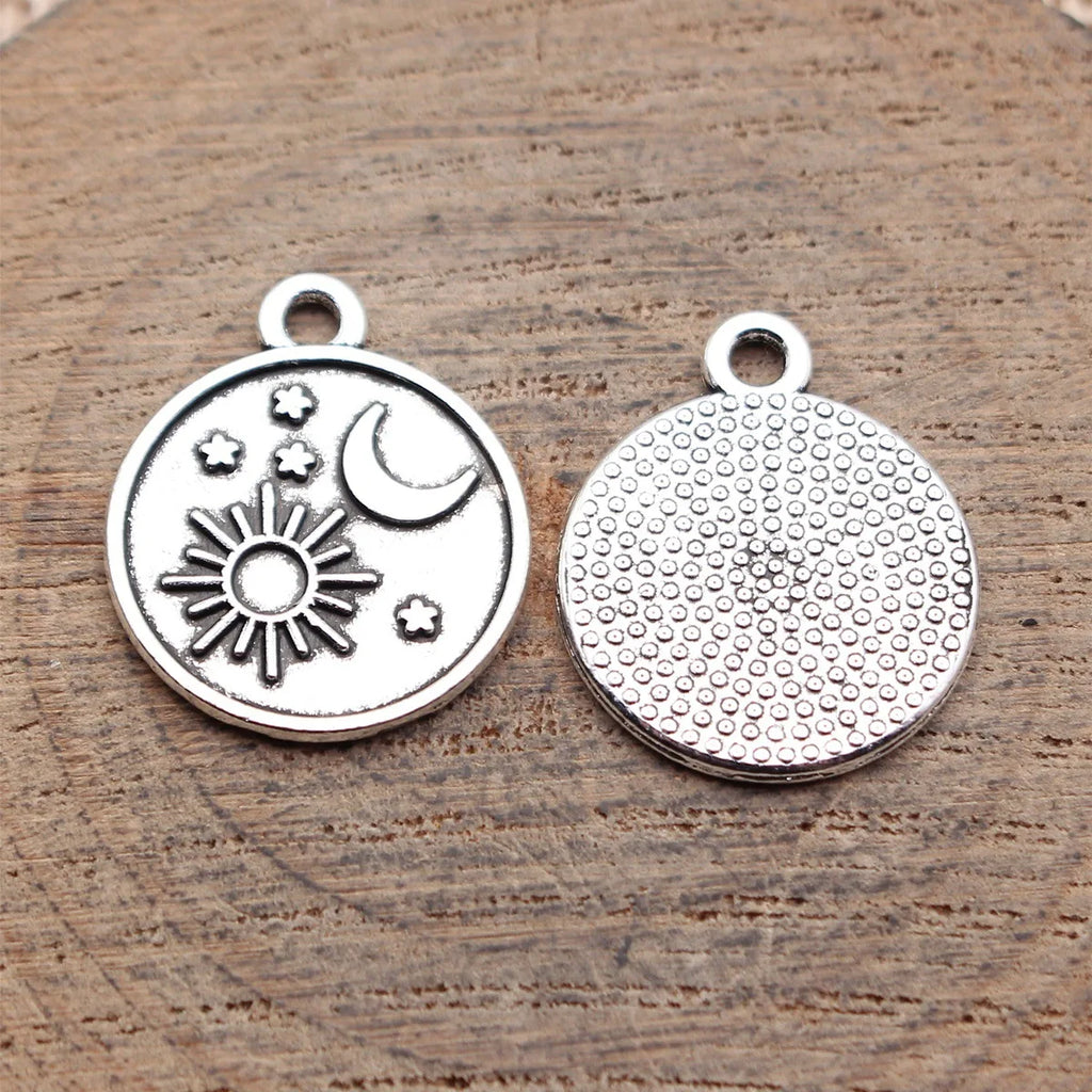 20x17mm 1.5g Antique Silver Zinc Alloy Moon Sun Star Round Disc Charm Pendant for DIY Jewelry