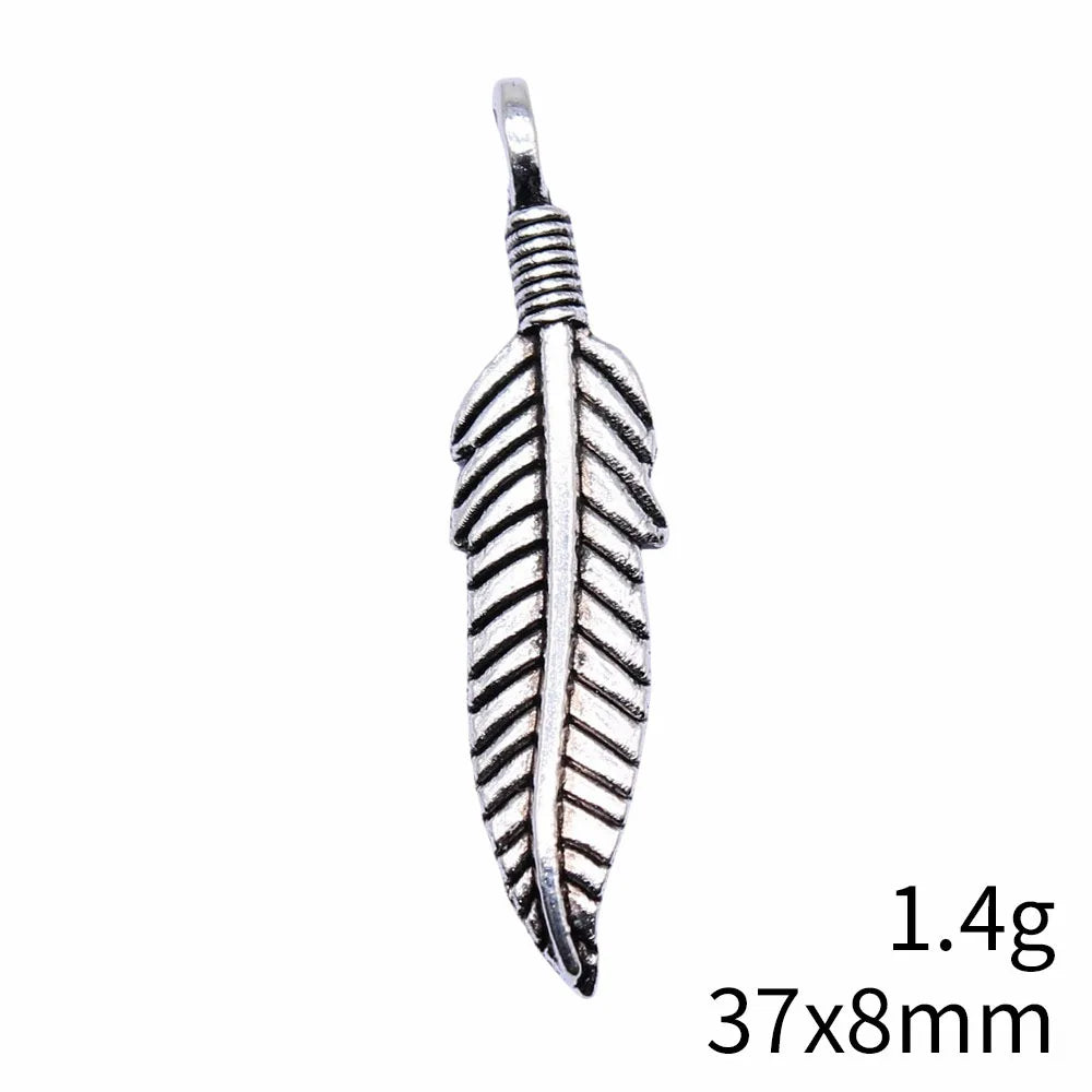 37x8mm 1.4g Antique Silver Zinc Alloy Feather Charm Pendant for DIY Earrings Necklace Bracelet Making