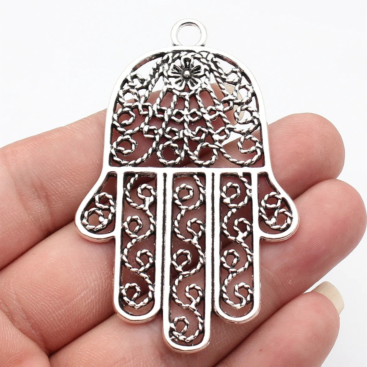 74x47mm 14.2g Antique Silver Tone Zinc Alloy Hamsa Hand Filigree Charm Pendant for DIY Boho Jewelry