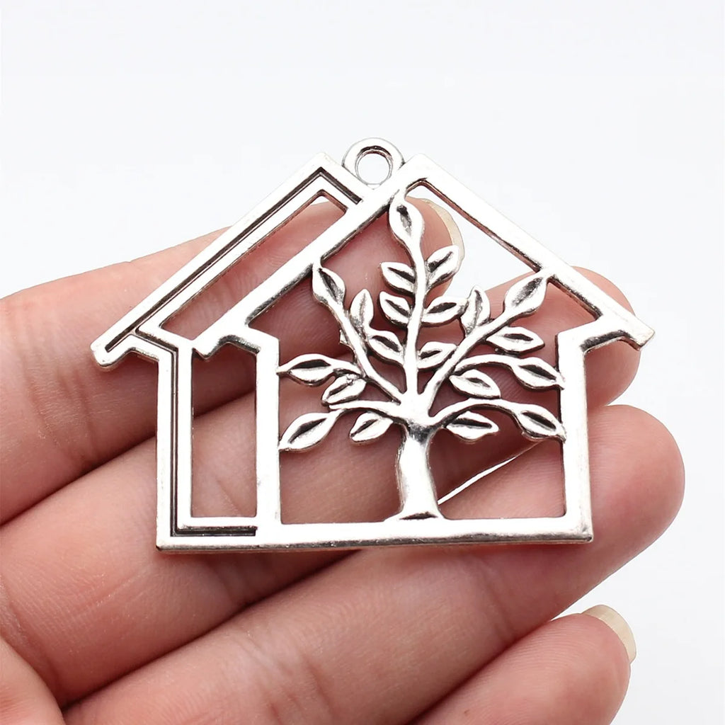 64x47mm 13.2g Antique Silver Zinc Alloy Openwork House and Tree Hollow Charm Pendant for DIY Jewelry Making
