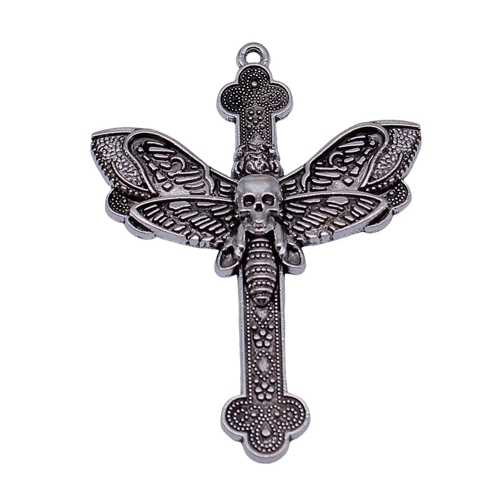 54x40mm 4.2g Antique Silver Zinc Alloy Skull Moth Cross Charm Pendant for DIY Gothic Jewelry Making