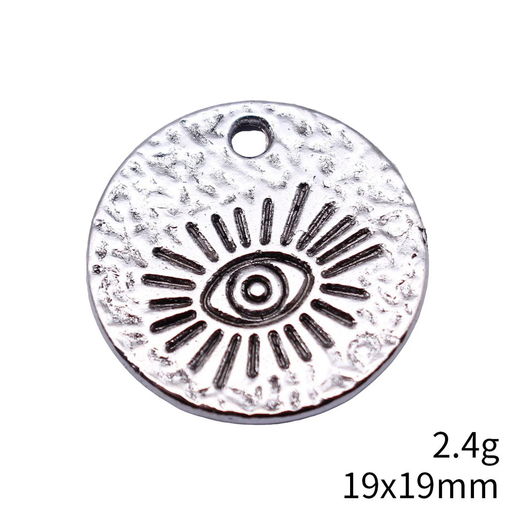 19x19mm 2.4g Antique Silver Zinc Alloy Hammered Round Eye Tag Charm Pendant for DIY Necklace Jewelry