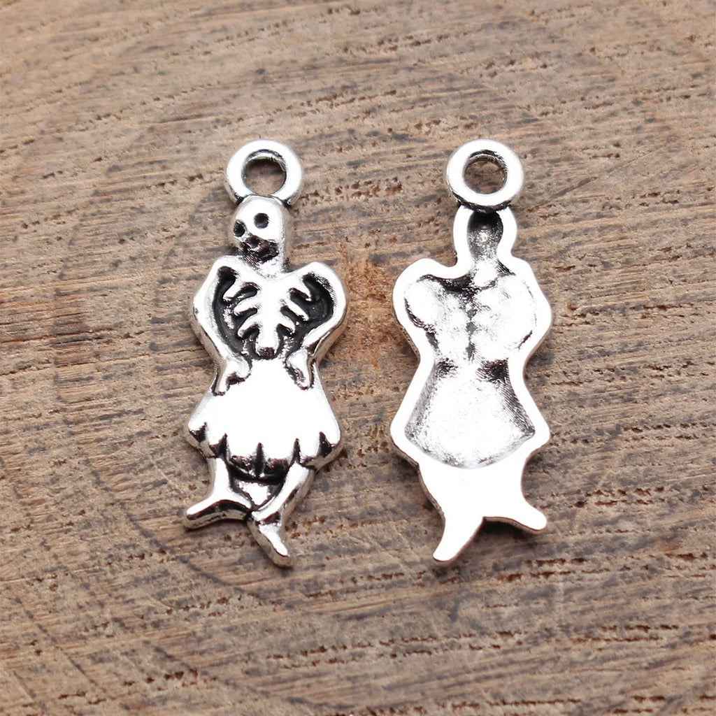 24x8.4mm 0.88g Antique Silver Zinc Alloy Skirted Skull Charm Pendant for DIY Gothic Jewelry Making