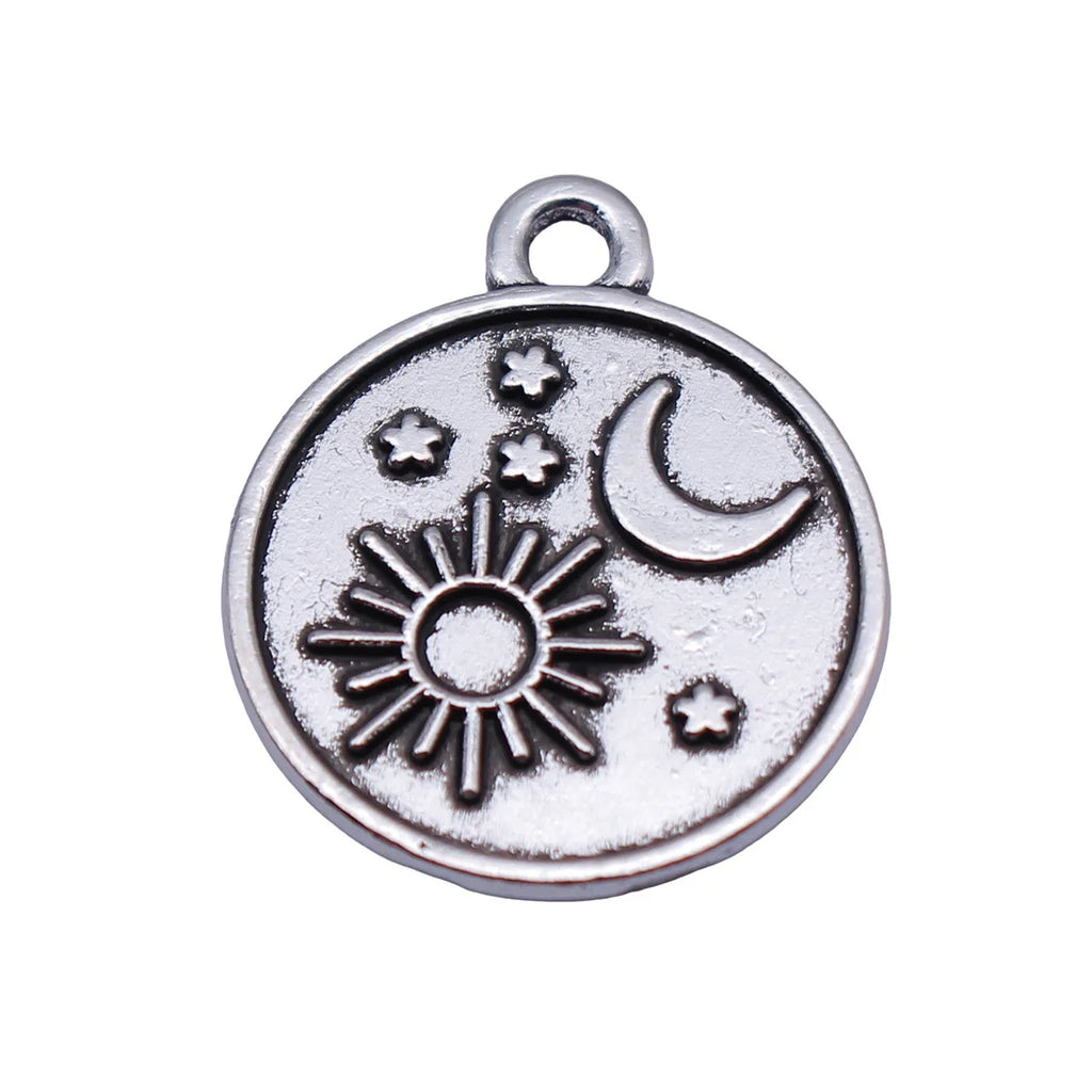 20x17mm 1.5g Antique Silver Zinc Alloy Moon Sun Star Round Disc Charm Pendant for DIY Jewelry
