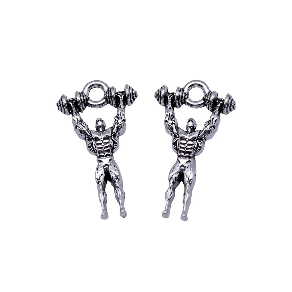 25x14mm 2.1g Antique Silver Zinc Alloy Fitness Muscular Man Dumbbell Double Sided Charm Pendant for DIY Jewelry