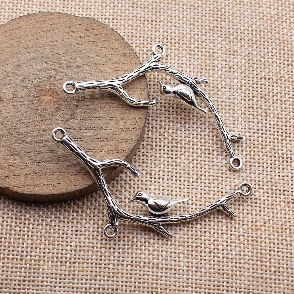 65x24mm 6.3g Antique Silver Zinc Alloy Tree Branch Bird Connector Charm for DIY Necklace Jewelry