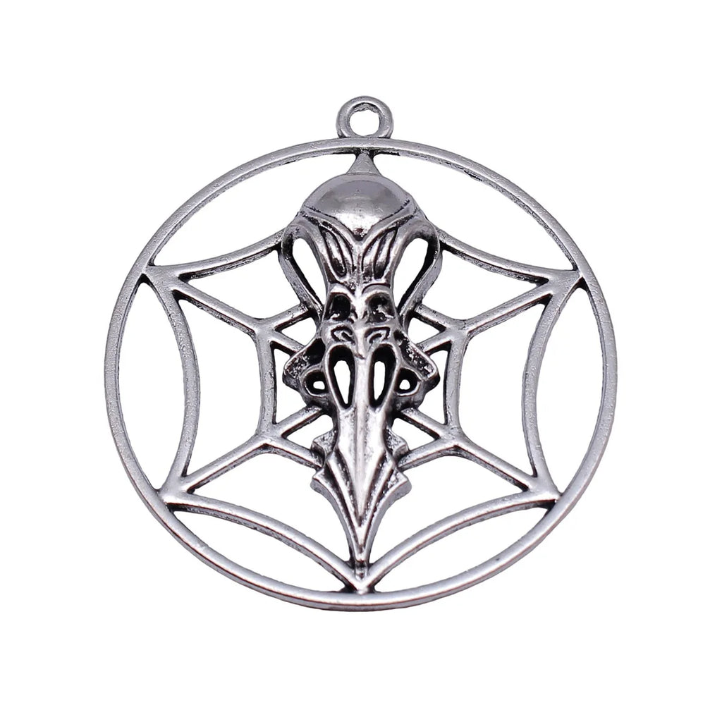 55x50mm 11g Antique Silver Zinc Alloy Round Spider Web Skull Bird Beak Hollow Charm Pendant for DIY Jewelry