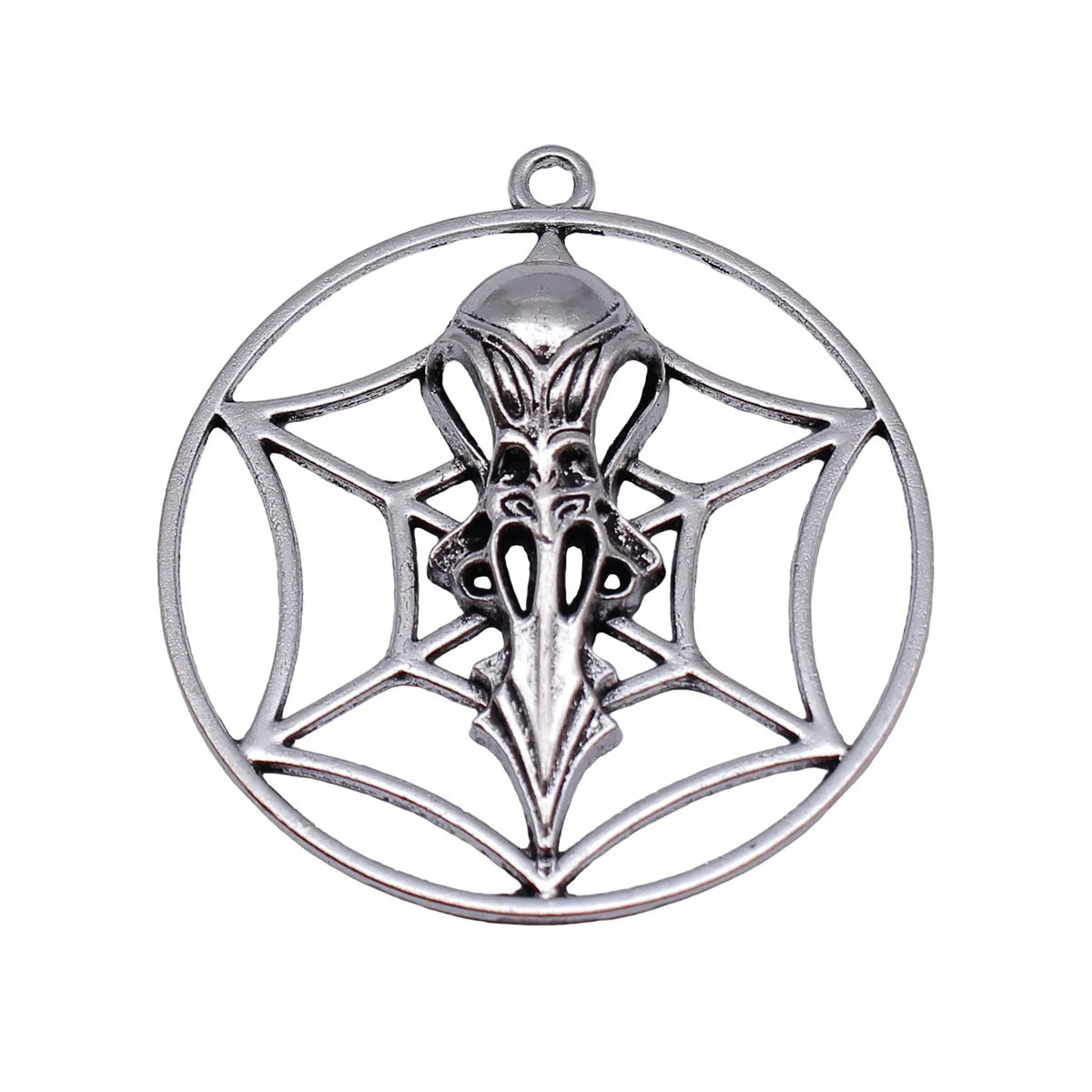 55x50mm 11g Antique Silver Zinc Alloy Round Spider Web Skull Bird Beak Hollow Charm Pendant for DIY Jewelry