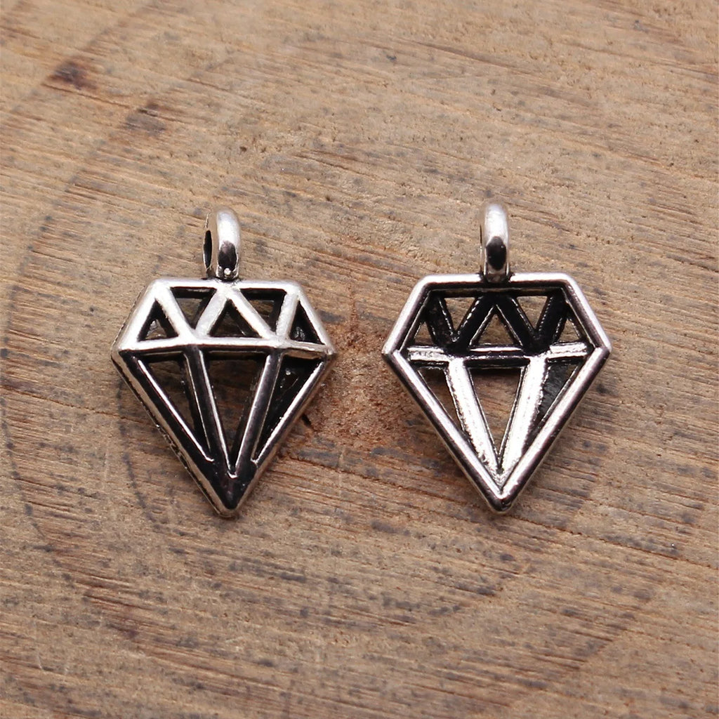 13x9.8mm 0.39g Antique Silver Zinc Alloy Hollow Diamond Shape Charm Pendant for DIY Necklace Jewelry