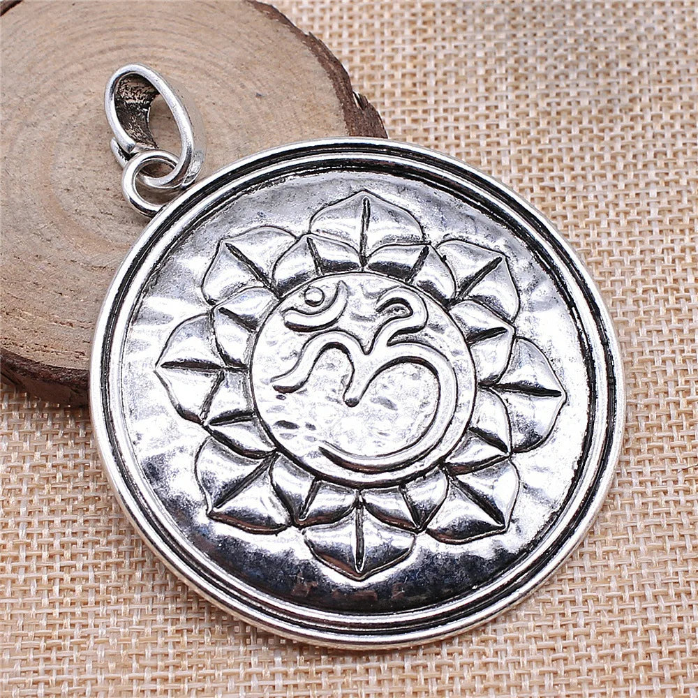 61x77mm 17.44g Antique Silver Zinc Alloy Yoga OM Lotus Charm Pendant for DIY Necklace Jewelry Making