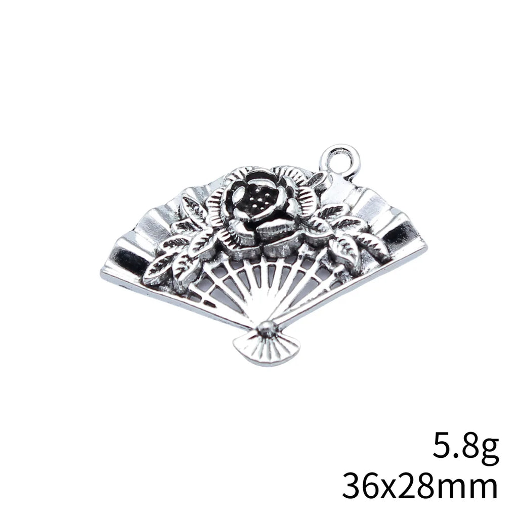 36x28mm 5.8g Antique Silver Zinc Alloy Chinese Style Flower Fan Charm Pendant for DIY Jewelry Making