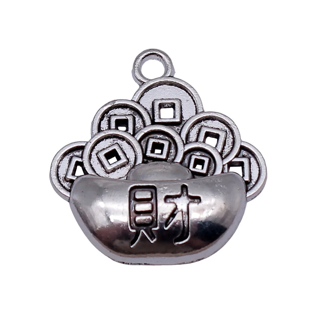25x23mm 2.6g Antique Silver Zinc Alloy Chinese Coin Wealth Character Ingot Charm Pendant for DIY Jewelry