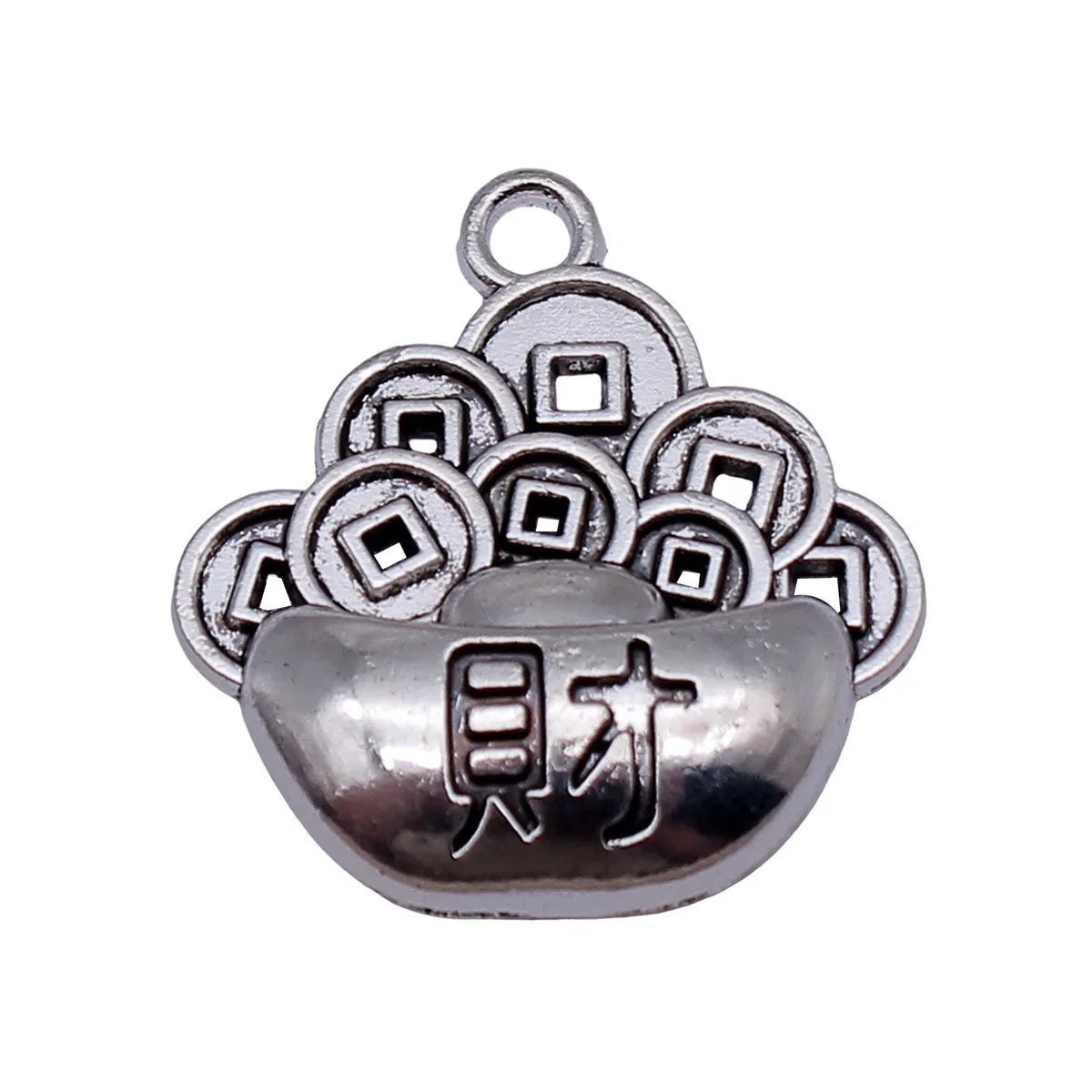 25x23mm 2.6g Antique Silver Zinc Alloy Chinese Coin Wealth Character Ingot Charm Pendant for DIY Jewelry