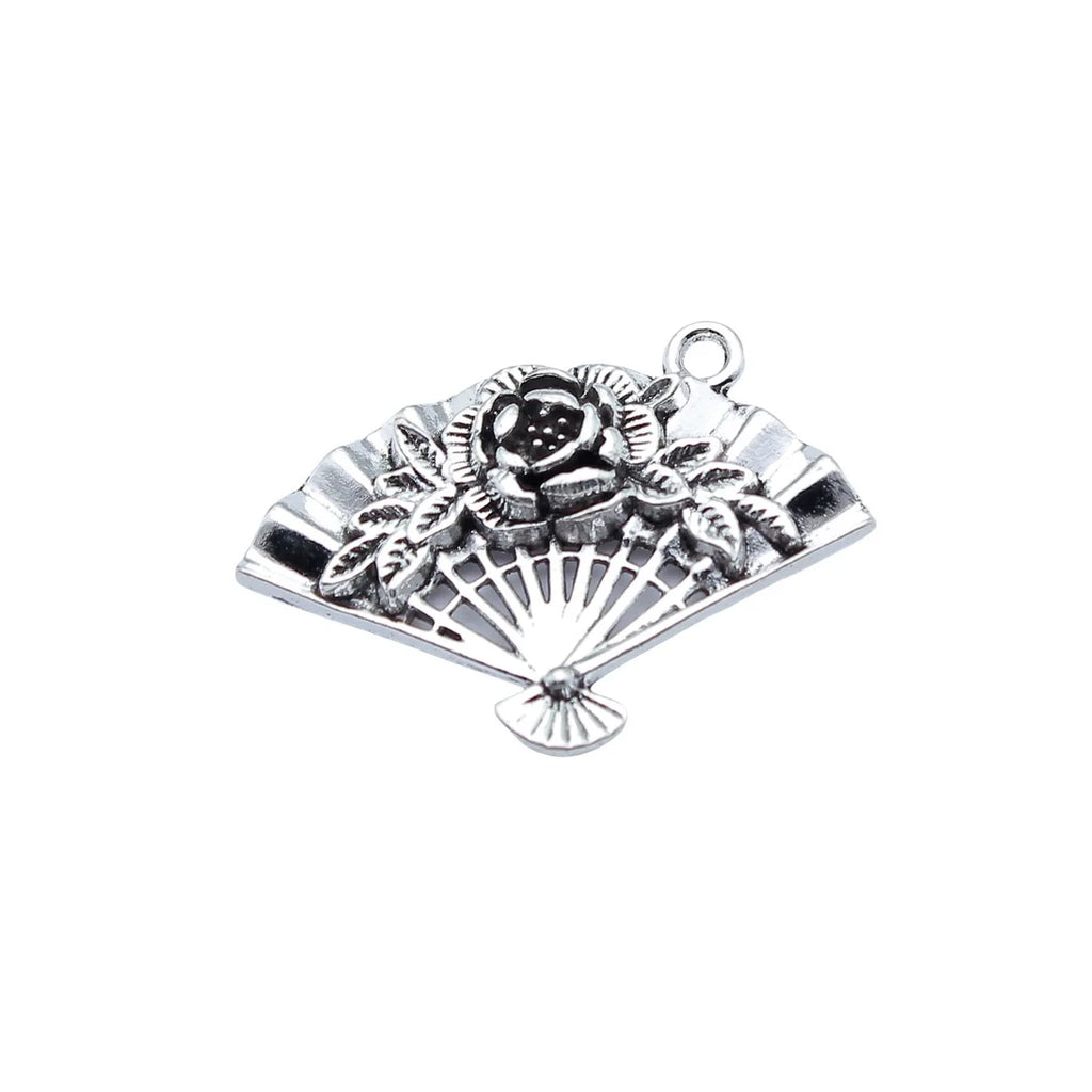36x28mm 5.8g Antique Silver Zinc Alloy Chinese Style Flower Fan Charm Pendant for DIY Jewelry Making