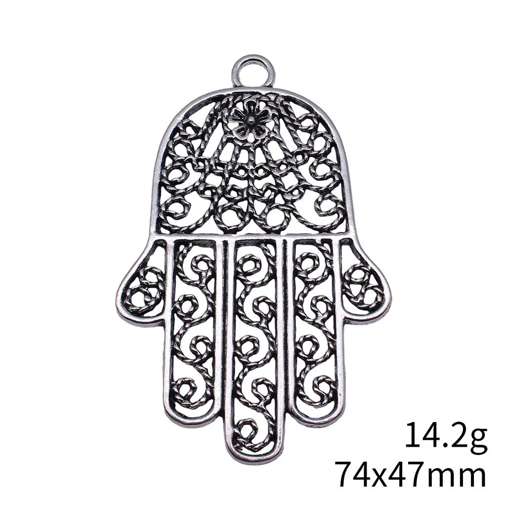 74x47mm 14.2g Antique Silver Tone Zinc Alloy Hamsa Hand Filigree Charm Pendant for DIY Boho Jewelry