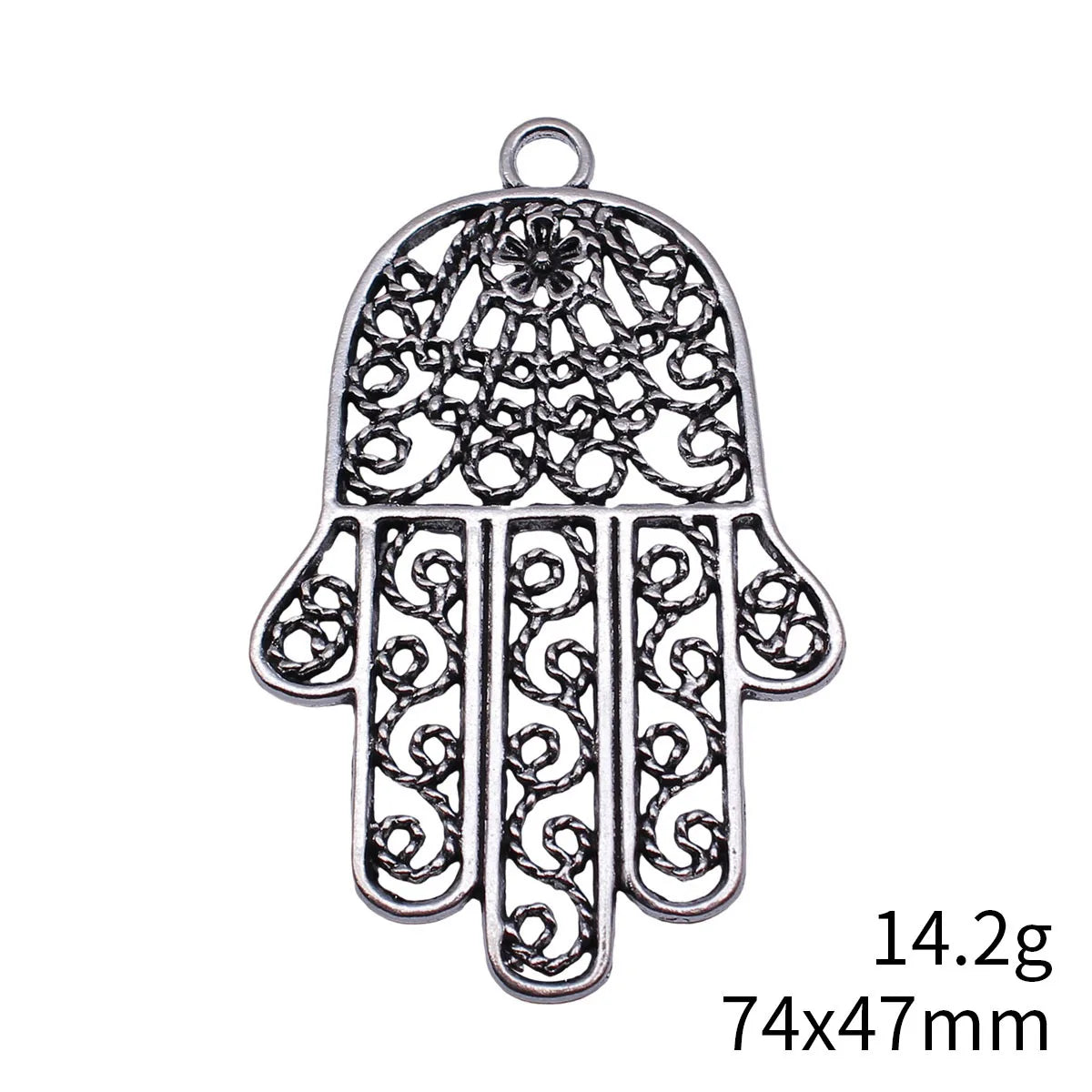 74x47mm 14.2g Antique Silver Tone Zinc Alloy Hamsa Hand Filigree Charm Pendant for DIY Boho Jewelry