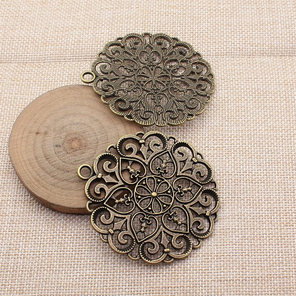 67x61mm 17.7g Antique Bronze Zinc Alloy Openwork Flower Round Tag Hollow Charm Pendant for DIY Jewelry