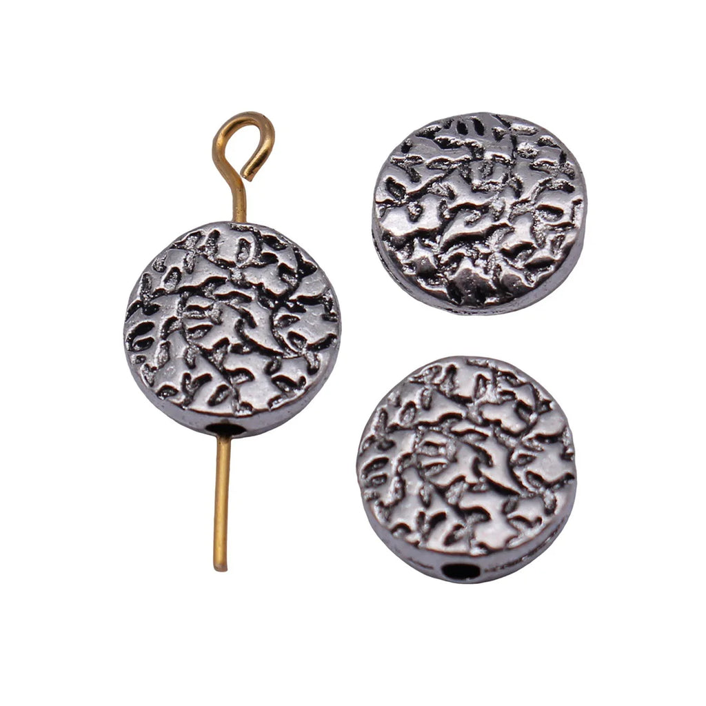 9.9x9.9x3.2mm 0.98g Antique Silver Tone Zinc Alloy Irregular Texture Round Flat Loose Metal Beads for DIY Jewelry