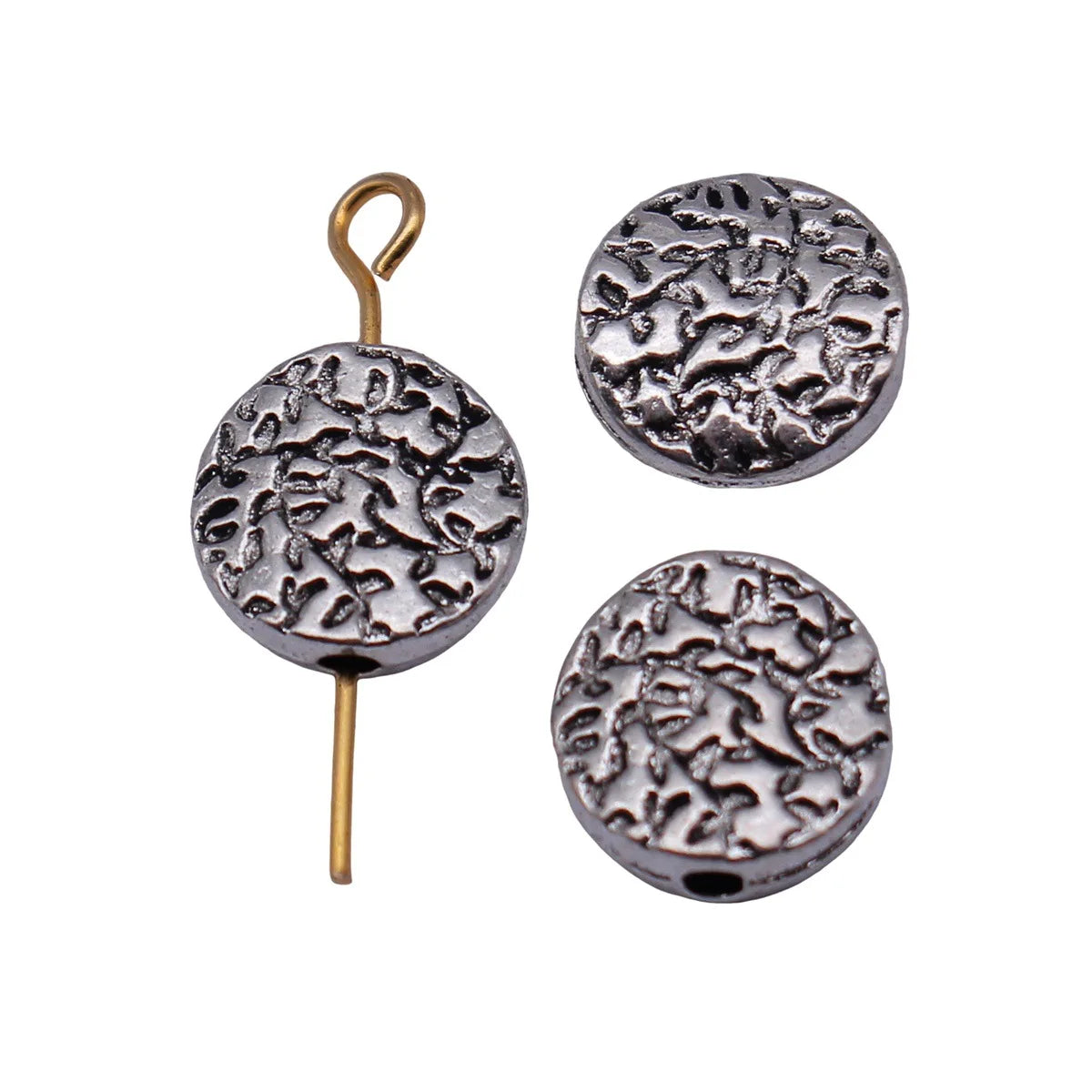 9.9x9.9x3.2mm 0.98g Antique Silver Tone Zinc Alloy Irregular Texture Round Flat Loose Metal Beads for DIY Jewelry