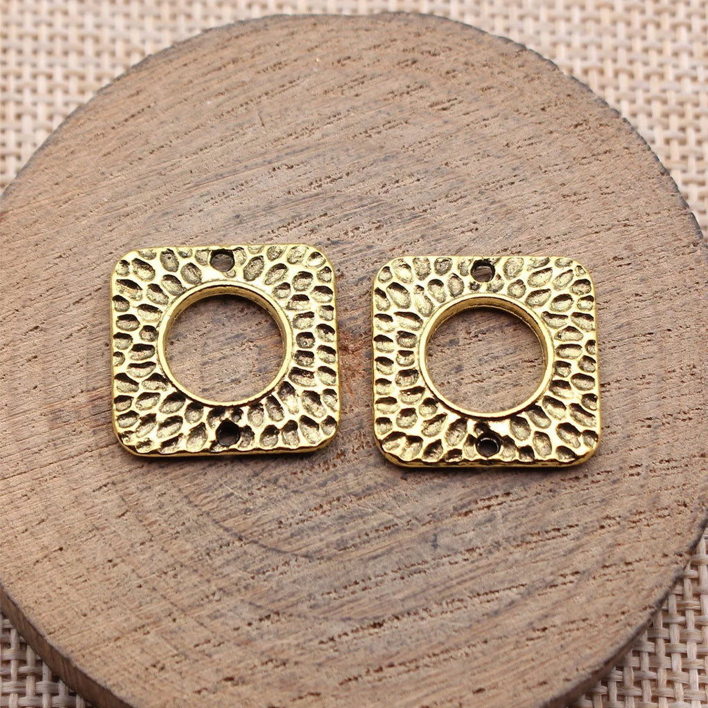 18x18mm 2.1g Antique Gold Zinc Alloy Hammered Square Round Connector Charm for DIY Earrings Making