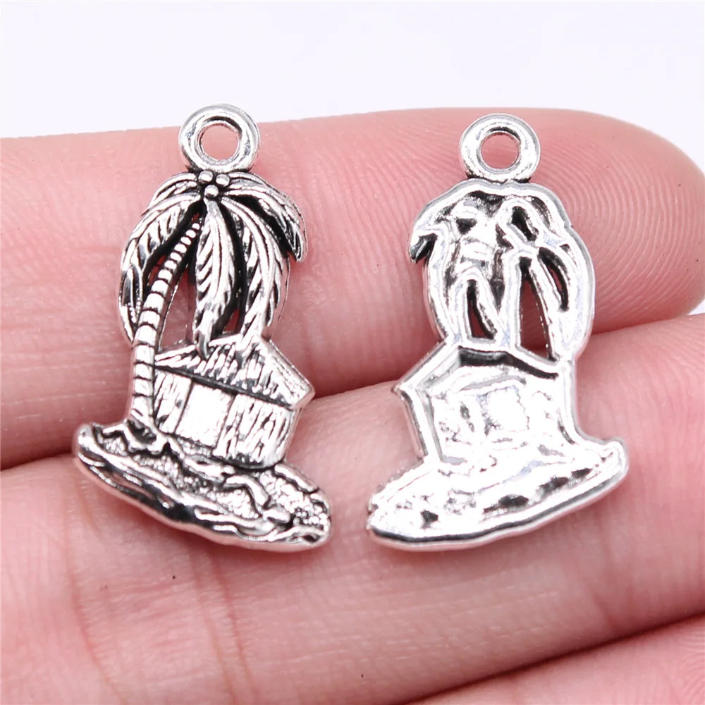 25x15mm 2.49g Antique Silver Zinc Alloy Island Hut Coconut Tree Charm Pendant for DIY Jewelry Making