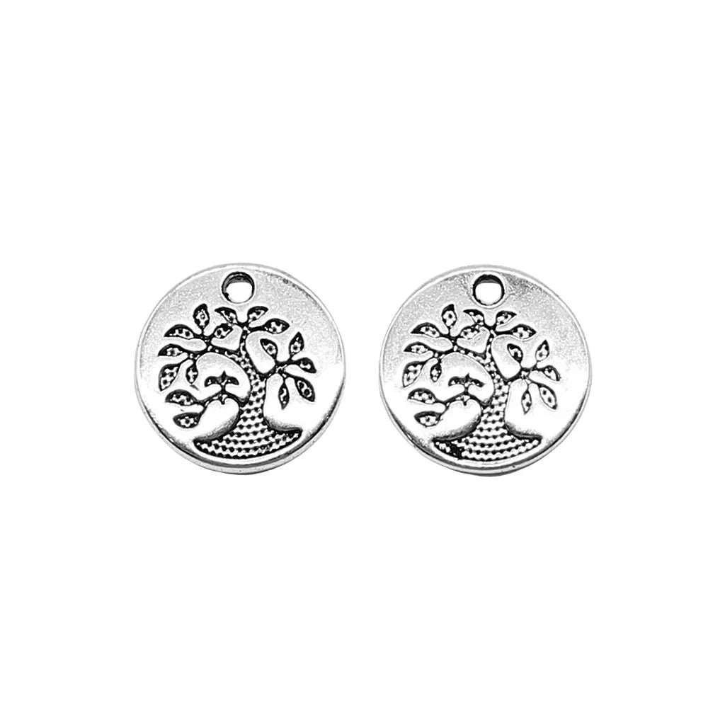 15x15mm 1.6g Antique Silver Zinc Alloy Round Tree Pattern Charm Pendant for DIY Necklace Bracelet Making