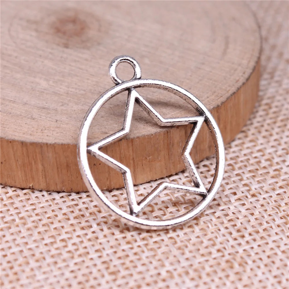 28x24mm 1.9g Antique Silver Zinc Alloy Round Five Point Star Charm Pendant for DIY Jewelry Making
