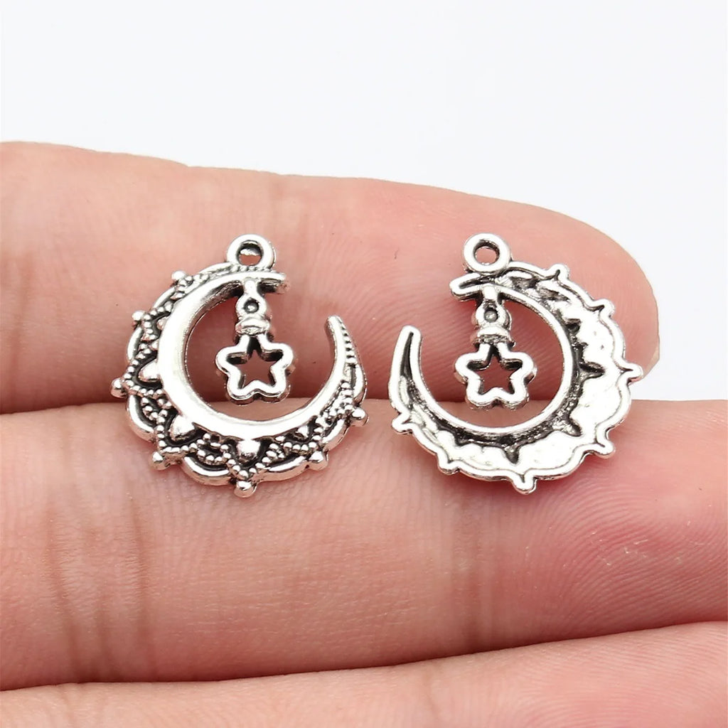 21x18mm 1.4g Antique Silver Zinc Alloy Moon Stars Charm Pendant for DIY Celestial Jewelry Making