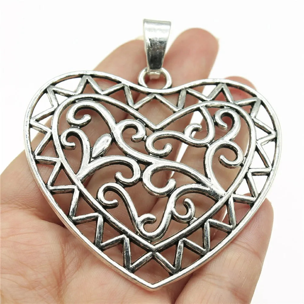 72x65mm 18.8g Antique Silver Zinc Alloy Carved Heart Charm Pendant for DIY Necklace Jewelry Making