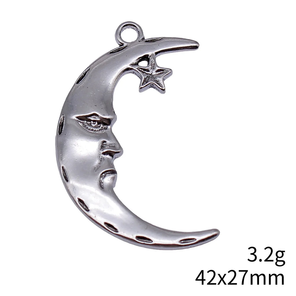 42x27mm 3.2g Antique Silver Zinc Alloy Face Moon Stars Charm Pendant for DIY Celestial Jewelry Making