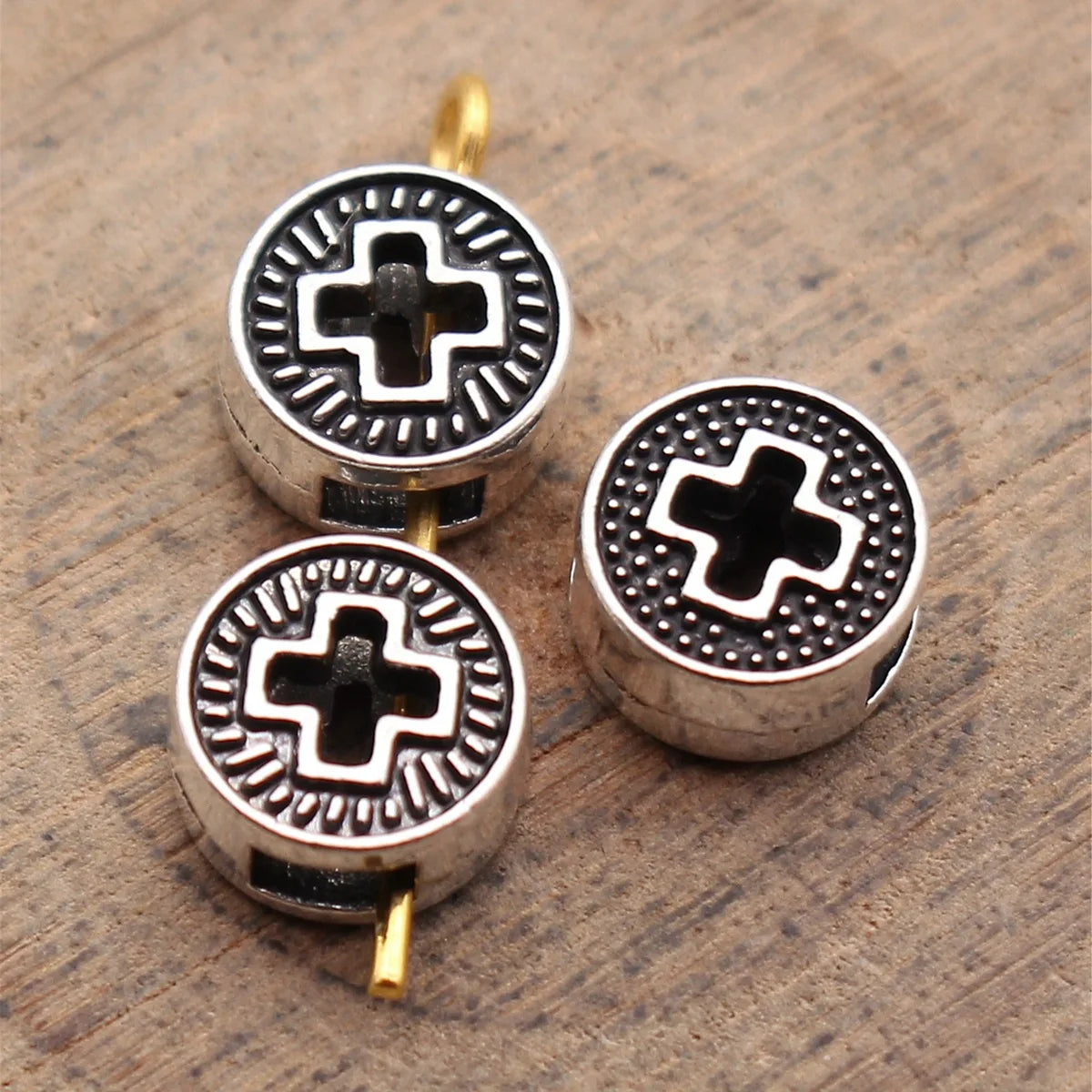 8x8x4.5mm 0.73g Antique Silver Zinc Alloy Round Cross Loose Metal Hollow Double Sided Beads for Bracelet Jewelry Making