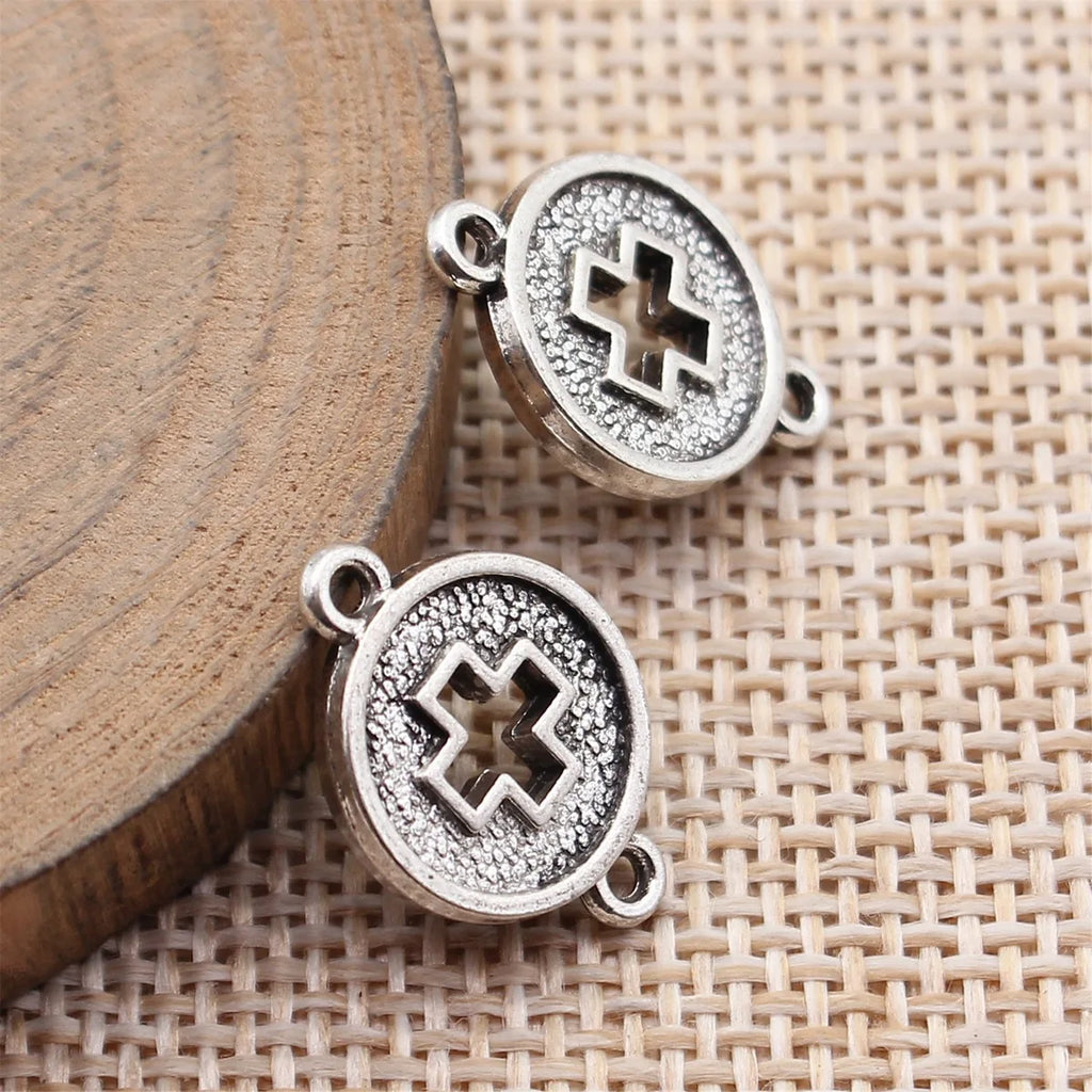 18x13mm 1.3g Antique Silver Zinc Alloy Cross Round Disc Hollow Double Sided Connector Charm for DIY Bracelet Making