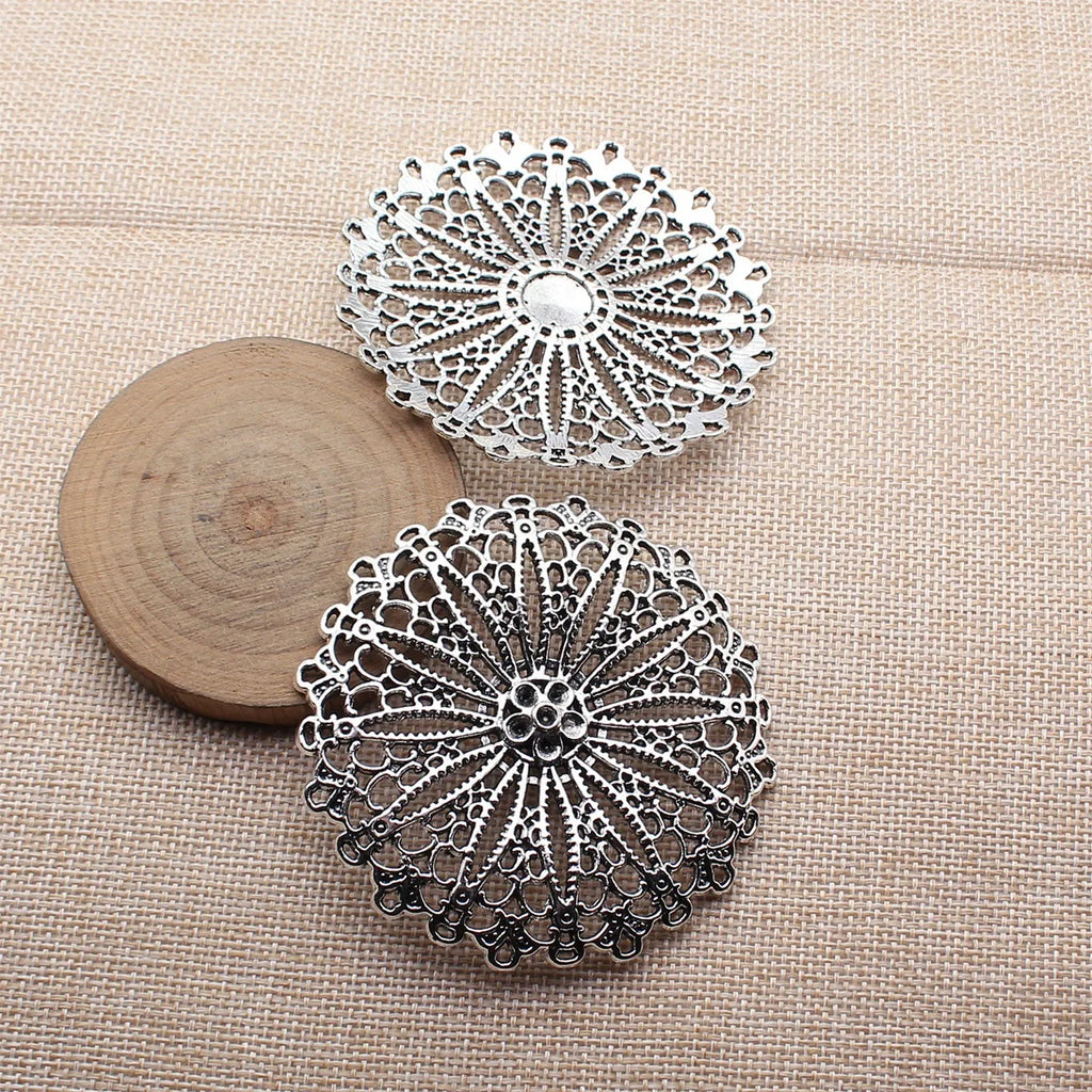 75x75mm 31g Antique Silver Zinc Alloy Hollow Round Floral Charm Pendant for DIY Statement Necklace Making