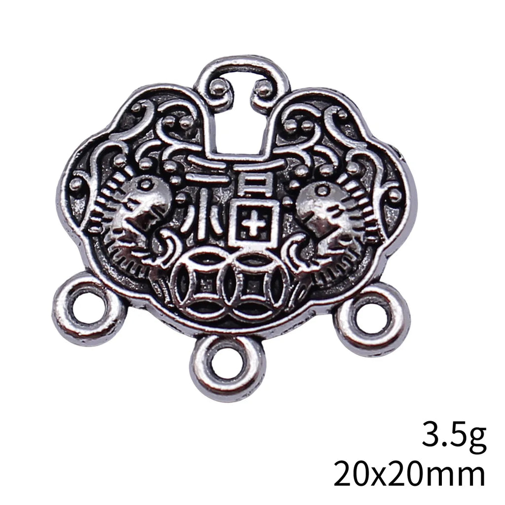 20x20mm 3.5g Antique Silver Zinc Alloy Double Sided Fu Lock Connector Charm for DIY Bracelet Making