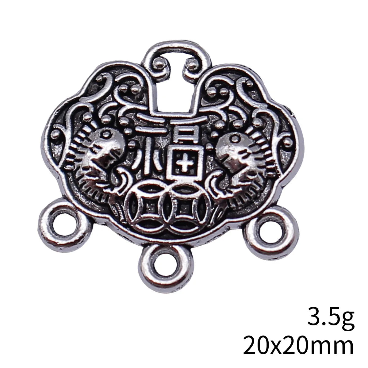20x20mm 3.5g Antique Silver Zinc Alloy Double Sided Fu Lock Connector Charm for DIY Bracelet Making