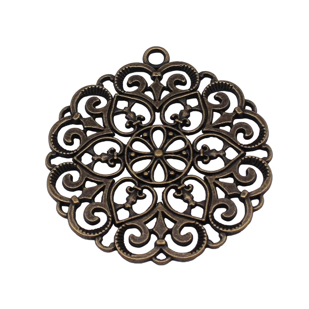 67x61mm 17.7g Antique Bronze Zinc Alloy Openwork Flower Round Tag Hollow Charm Pendant for DIY Jewelry
