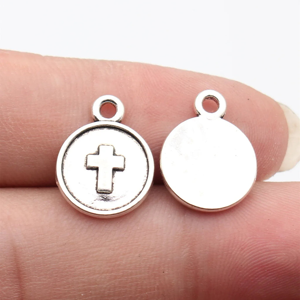 18x14mm 1.2g Antique Silver Zinc Alloy Cross Round Tag charm pendant for DIY bracelet necklace making