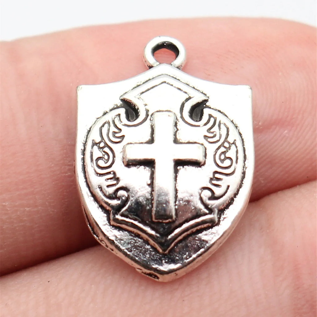 21x14mm 1.3g Antique Silver Zinc Alloy Cross Shield Charm Pendant for DIY Bracelet Necklace Making