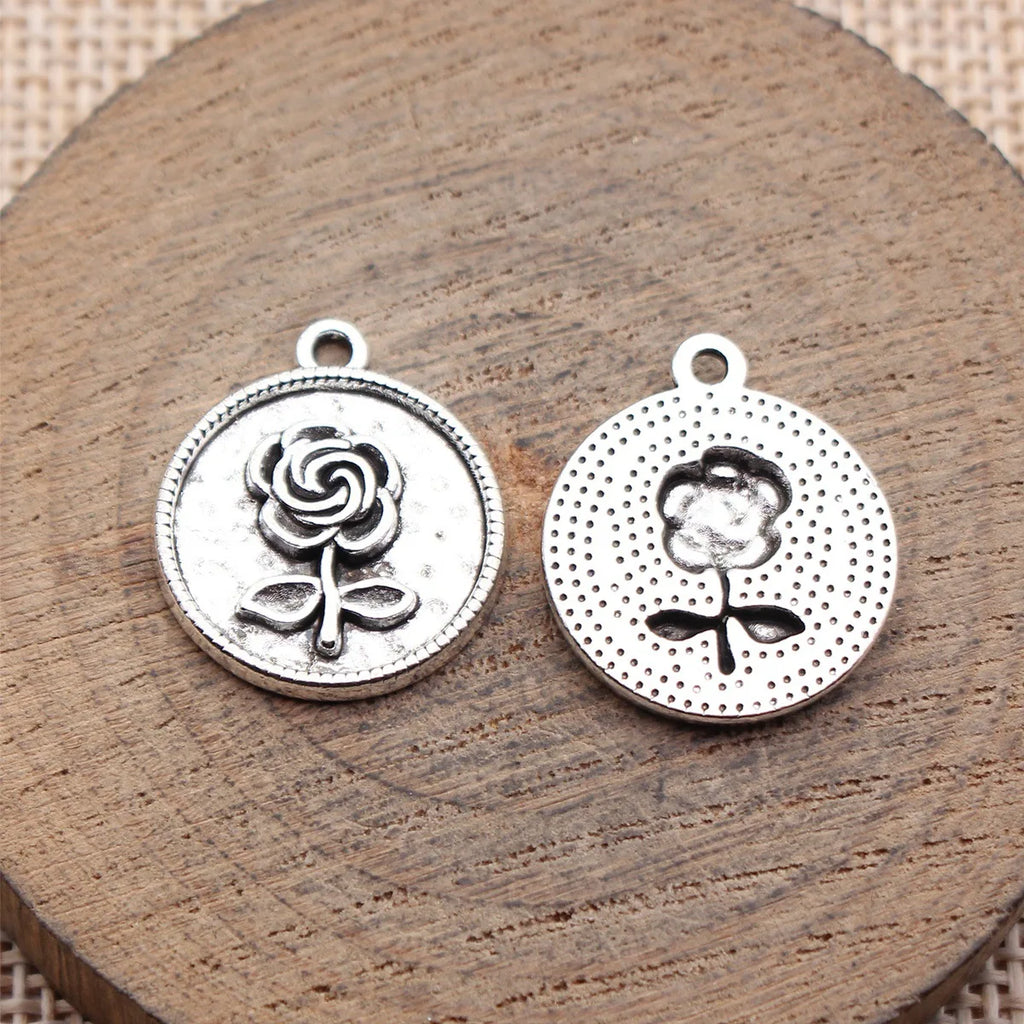 21x18mm 1.9g Antique Silver Zinc Alloy Round Rose Flower Charm Pendant for DIY Bracelet Necklace