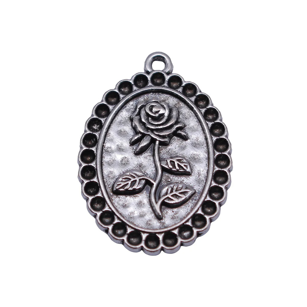 28x20mm 2.6g Antique Silver Zinc Alloy Oval Rose Flower Charm Pendant for DIY Necklace Making