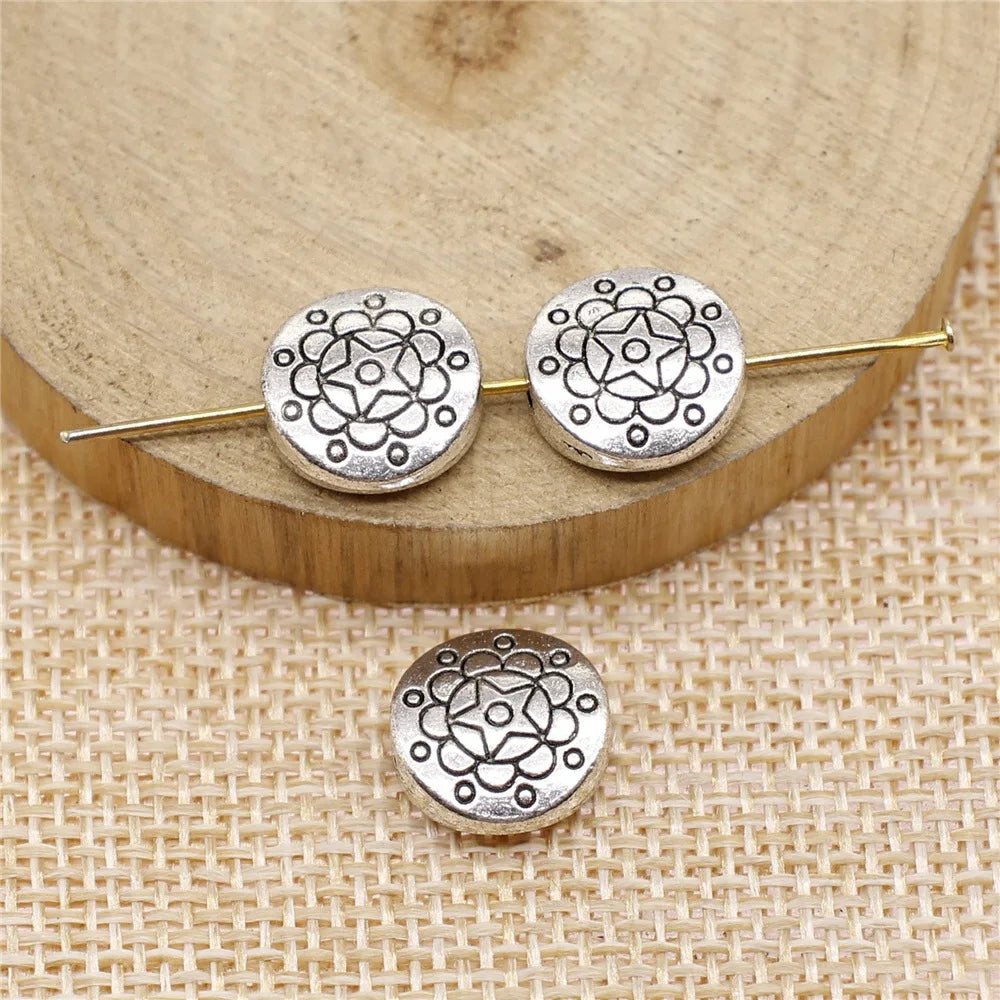 12.3x12.3mm 2.4g Antique Silver Zinc Alloy Round Pattern Flat Spacer Beads for Bracelet Jewelry Making