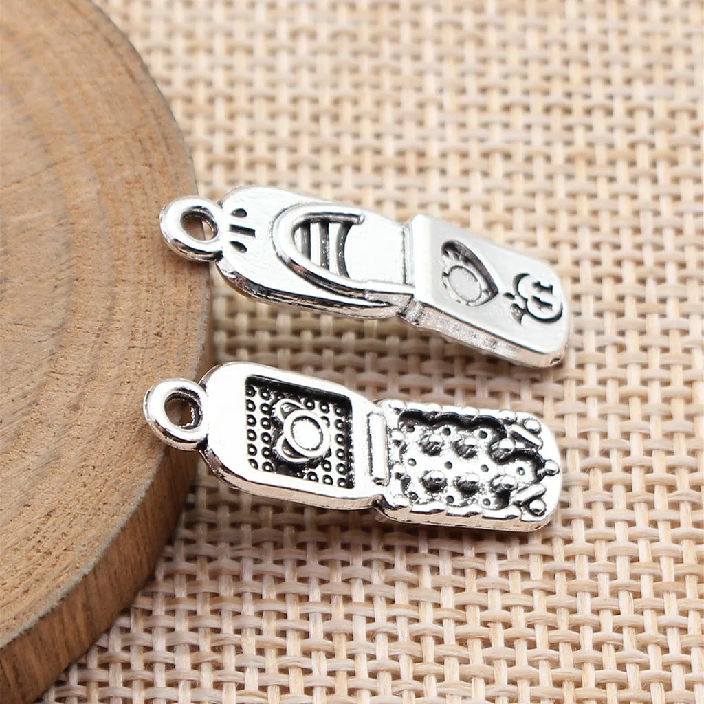 27x8.7mm 1.9g Antique Silver Zinc Alloy Vintage Flip Phone Charm Pendant for DIY Jewelry Making