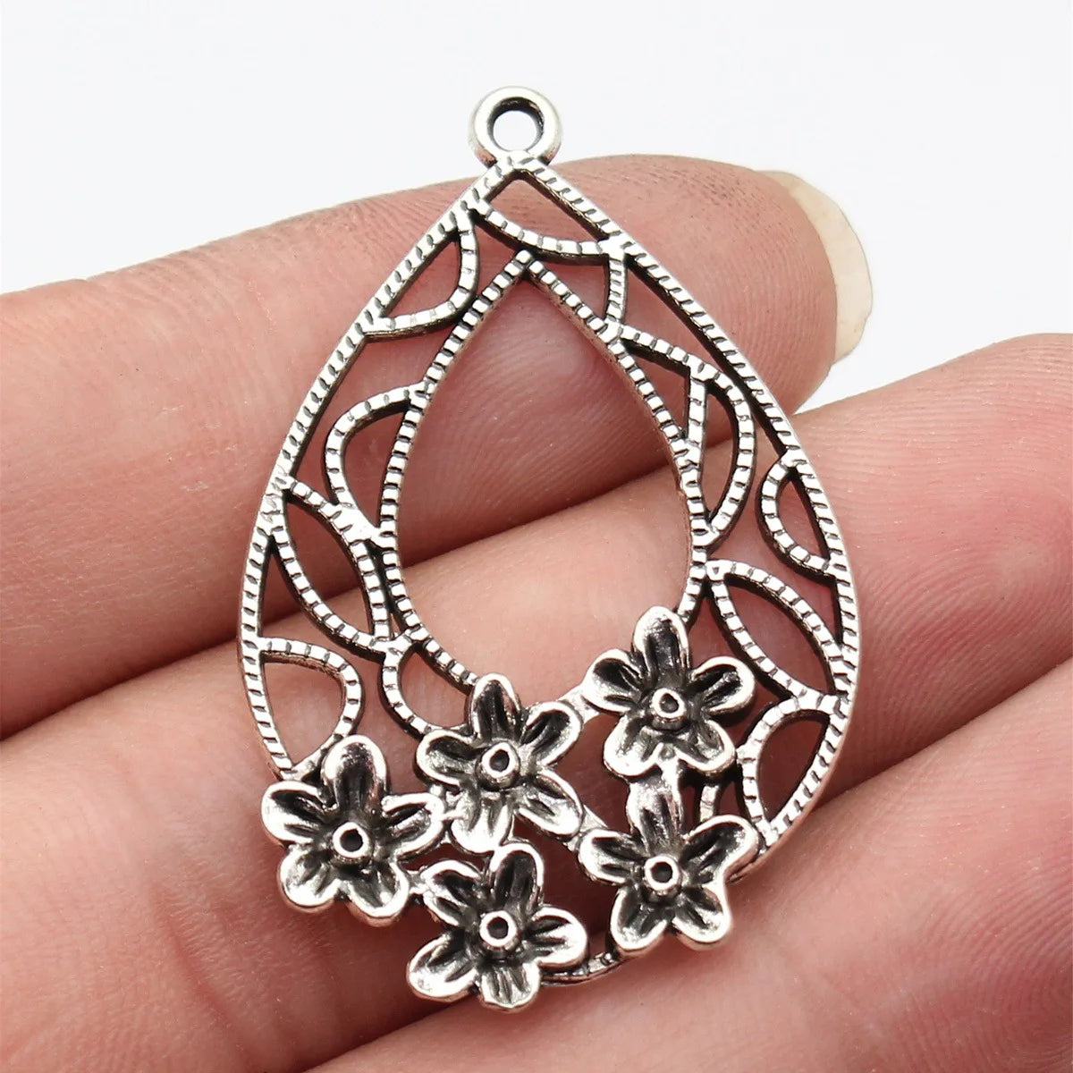 46x30mm 4.1g Antique Silver Zinc Alloy Hollow Flower Teardrop Earring Charms for DIY Jewelry Making