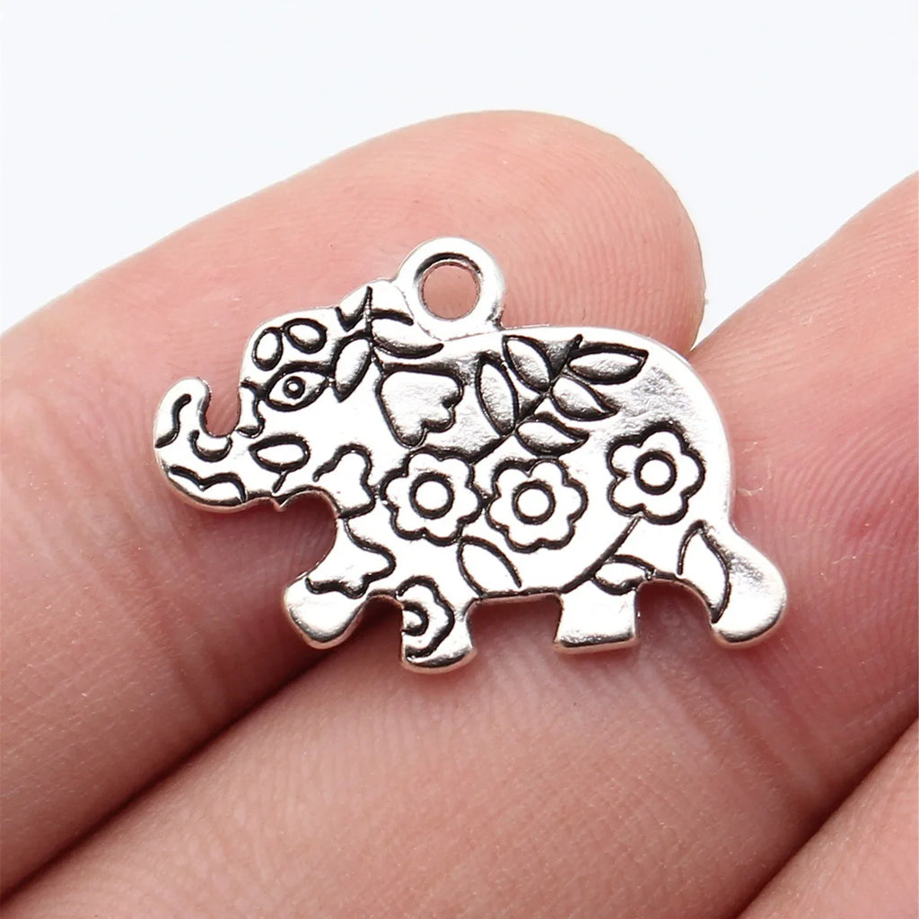 24x17mm 2.1g Multicolor Zinc Alloy Flower Pattern Elephant Double Sided Charm Pendant for DIY Necklace Jewelry Making