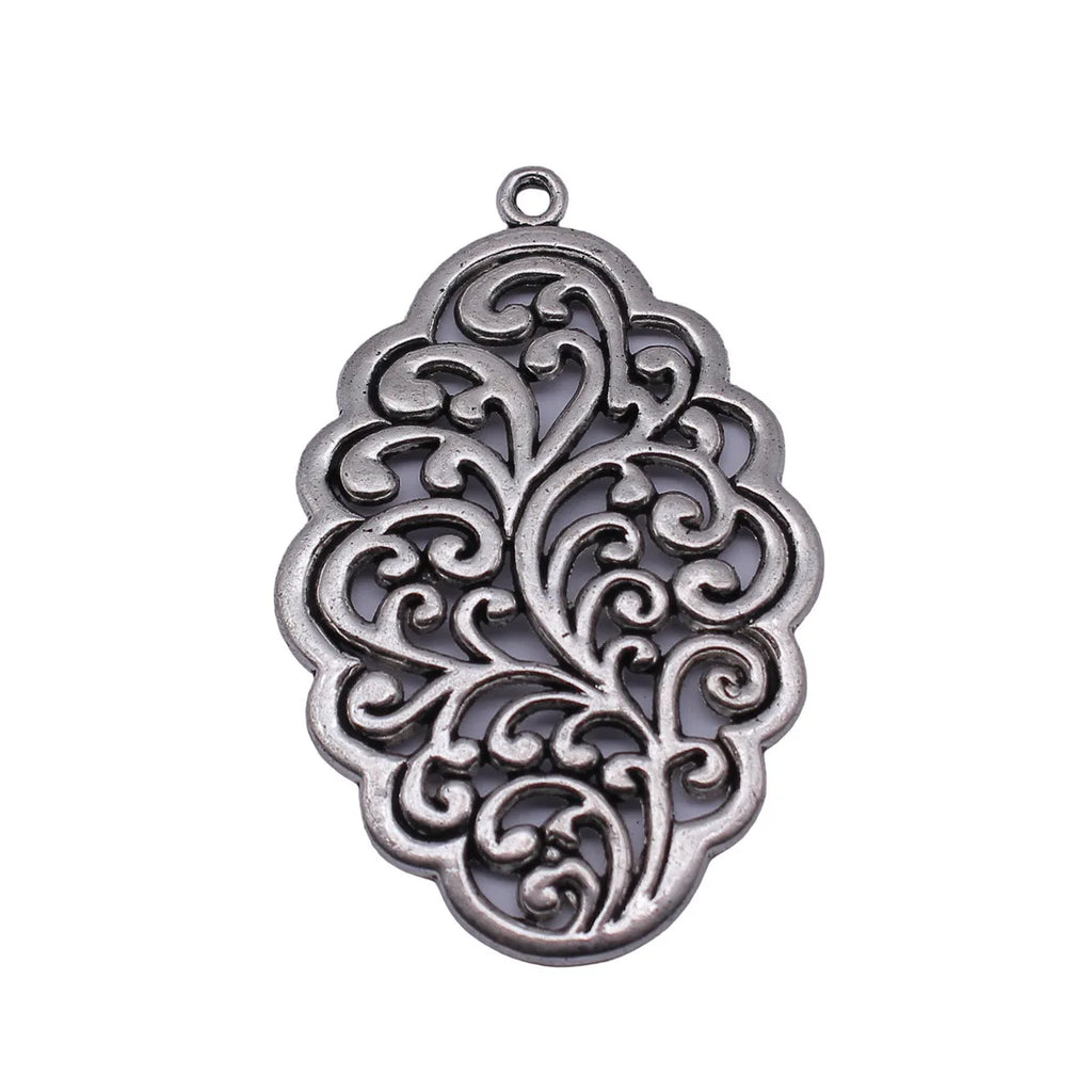 54x35mm 9g Antique Silver Zinc Alloy Hollow Filigree Flower Charm Pendant for DIY Necklace Making
