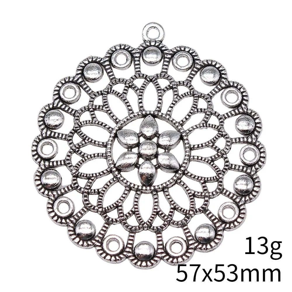 57x53mm 13g Antique Silver Zinc Alloy Floral Round Disc Bohemian Charm Pendant for DIY Jewelry