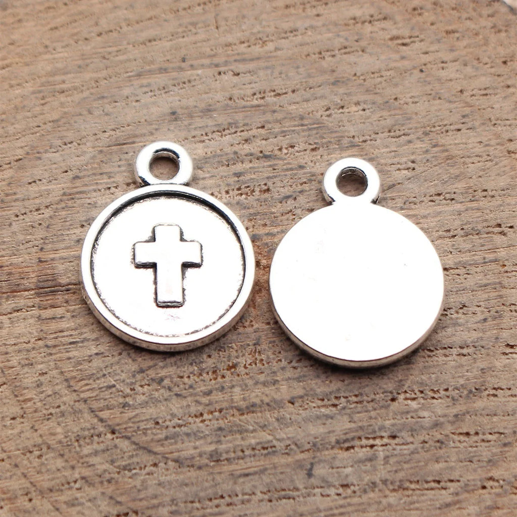 18x14mm 1.2g Antique Silver Zinc Alloy Cross Round Tag charm pendant for DIY bracelet necklace making