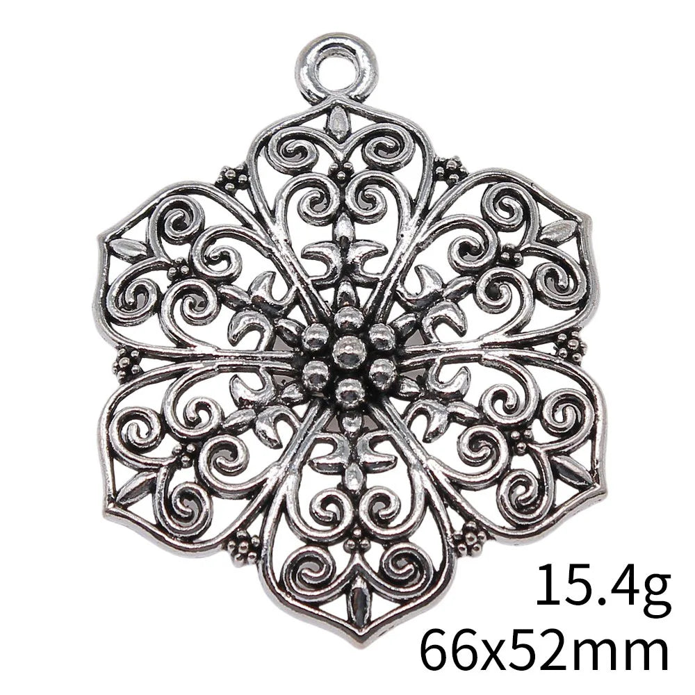 66x52mm 15.4g Antique Silver Zinc Alloy Openwork Flower Hollow Charm Pendant for DIY Necklace Earring Jewelry